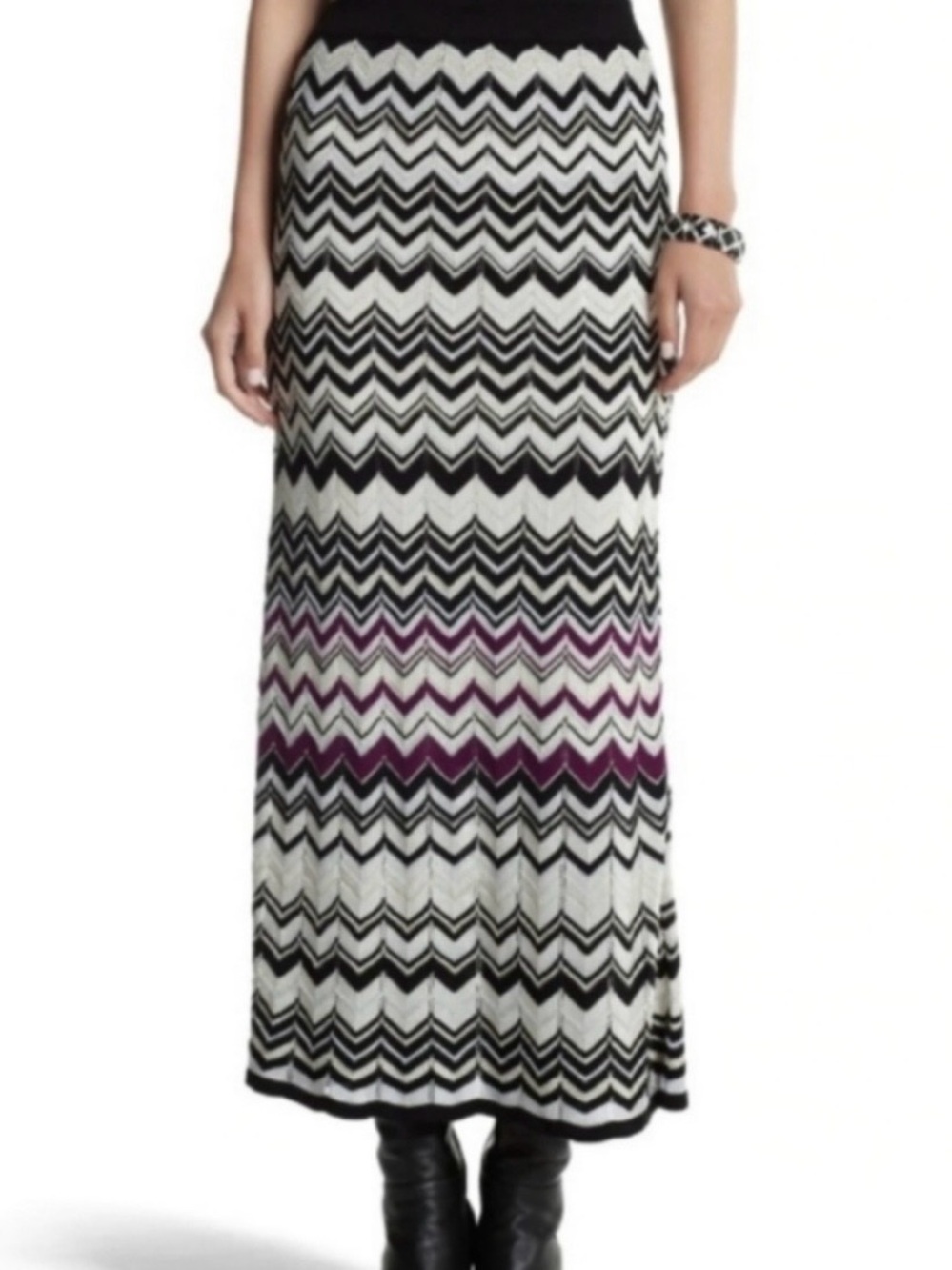 WHBM Chevron Knit Maxi Skirt in Black, Cream & Plum 10065